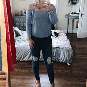 Pinstripe Forever 21 Off The Shoulder Shirt